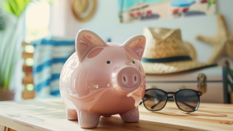 A piggy bank on a wooden table with sunglasses, a straw hat, and a nautical background