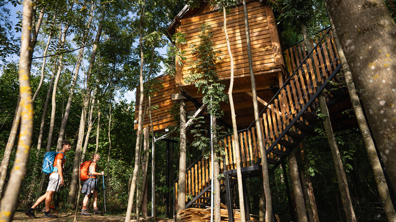 Two backpackers walking up to a wooden staircase that leads to a raised cabin