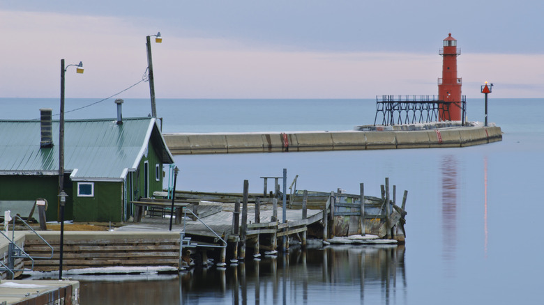 The Algoma Pierhead Light guards the Algoma Harbor at twilight, Wisconsin