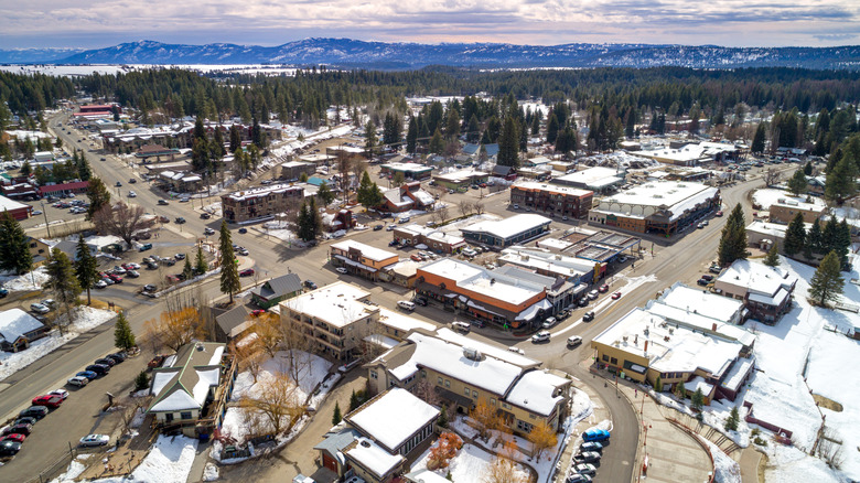 An aerial view of the mountain town of McCall, Idaho, in winter