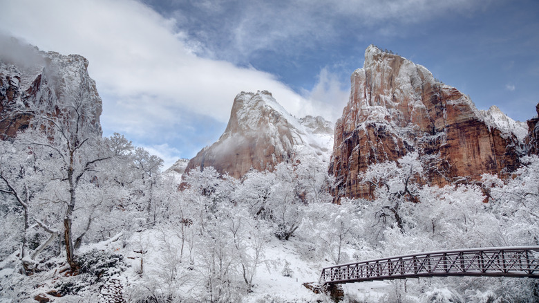 Fresh snow has fallen at the Court Of The Patriarchs in Zion Canyon at at Zion National Park