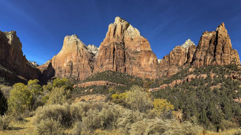 The Court of the Patriarchs rock formation in Zion Canyon, Zion National Park, Utah