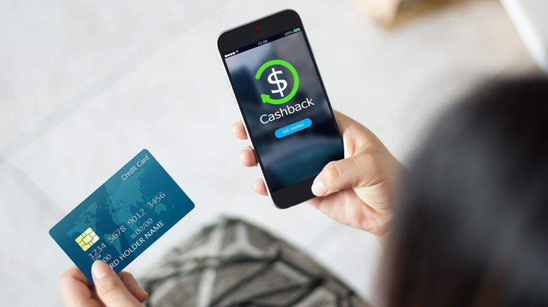 Female hands holding a mobile phone and a credit card with a dollar sign