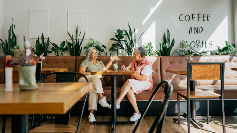 Two ladies sitting chatting in a cafe
