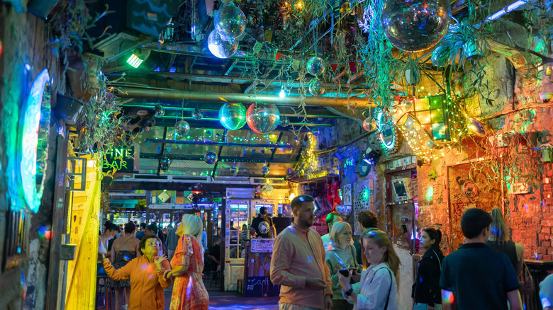 Colorful lighting and decor in a Budapest ruin bar