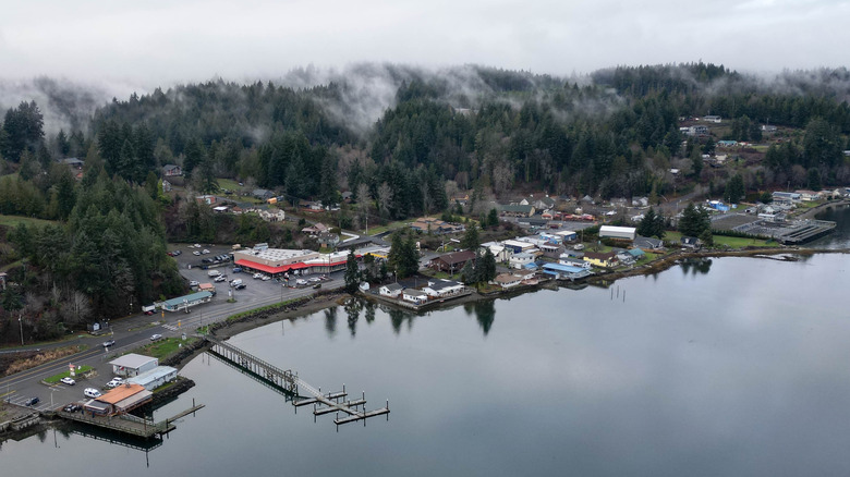 An aerial view of Hoodsport, Washington, in the winter