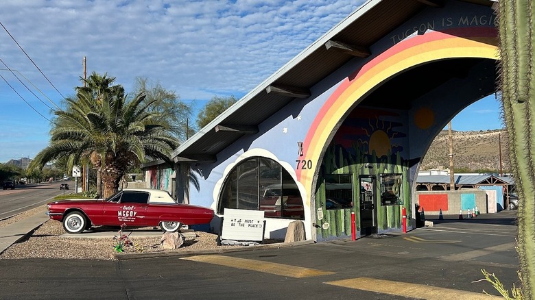 The rainbow-painted arched entryway to the Hotel McCoy in Tucson, Arizona