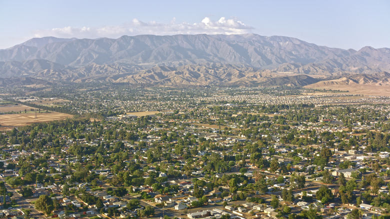 Aerial view of Beaumont, California with mountains in the background