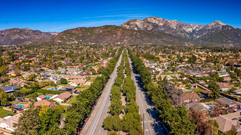 Euclid Avenue running through the heart of Ontario, California with mountains in the background