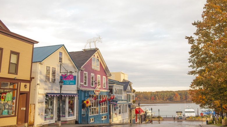 Bar Harbor Maine downtown storefronts during autumn