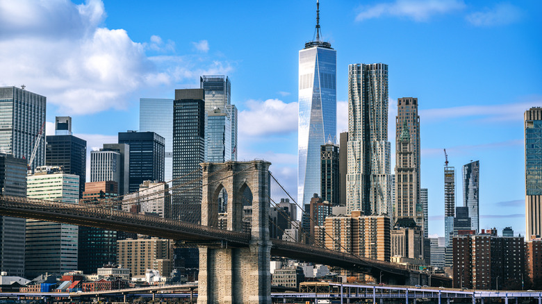 New York City skyline with Brooklyn Bridge in foreground