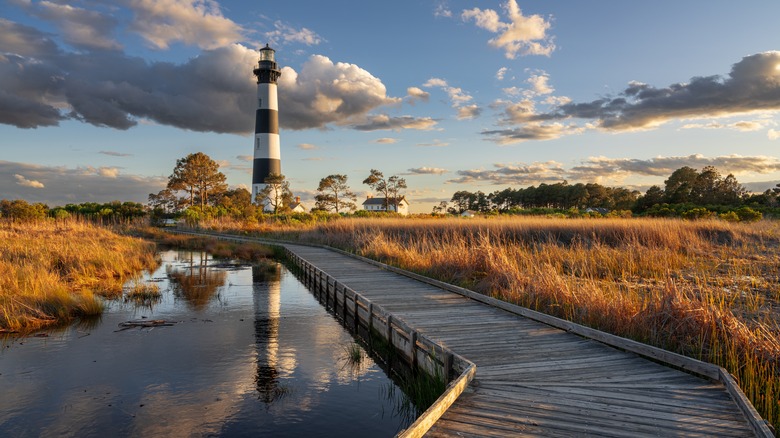 Lighthouse in the Outer Banks with a boardwalk