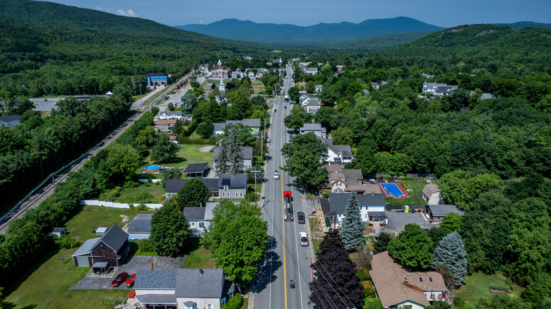 Gorham, New Hampshire  down town main street overhead view of the White Mountains surrounding the town