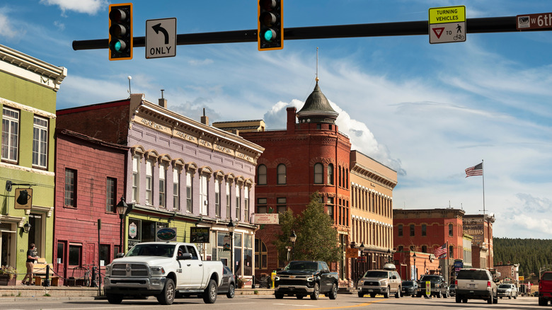 Downtown Leadville, Colorado at street level next to buildings and traffic