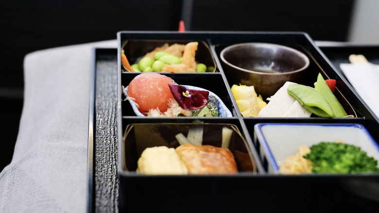 View of irodori gozen appetizers on Japan Airlines business class