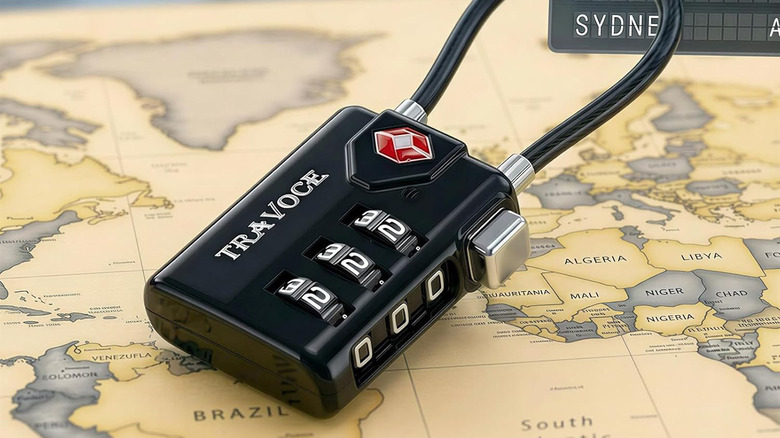 A Travoce TSA-Approved 3-Digit Combination Cable Lock on top of a world map.