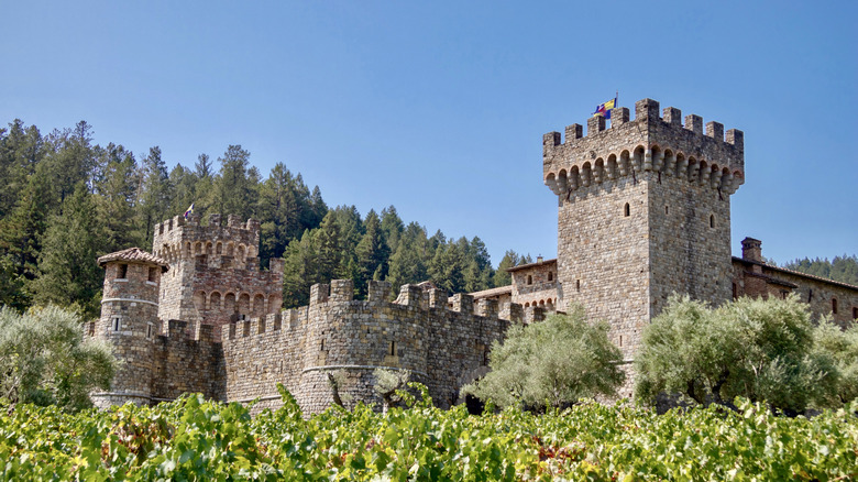 View of exterior walls of Castello di Amorosa in Calistoga, California