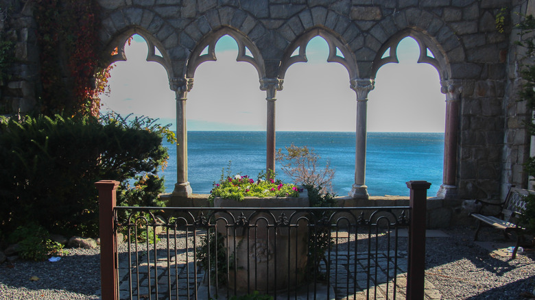 View of the ocean from the courtyard area of Hammond Castle in Massachusetts