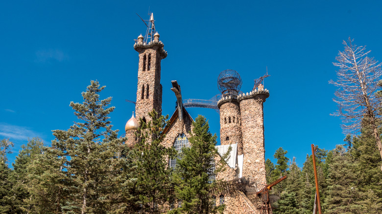Exterior view looking up at Bishop Castle in Colorado