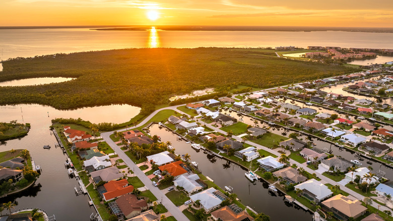 Sunset over Charlotte Harbor and Punta Gorda houses
