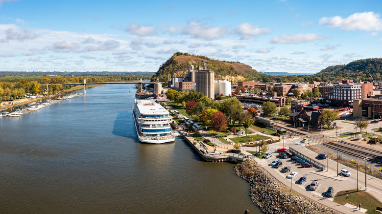 Riverboat cruise on the Mississippi River with Red Wing, Minnesota off to the right.