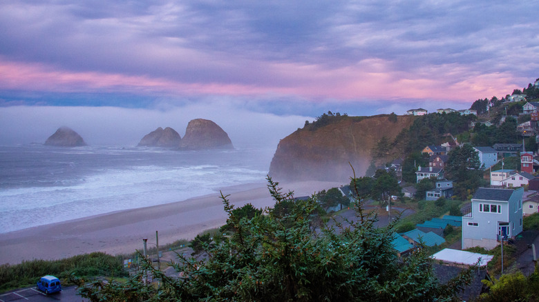 The beach of Oceanside, Oregon, from a home on the hill above