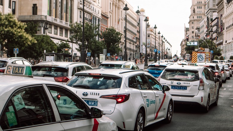 Taxi traffic jam in the city center of Madrid, Spain