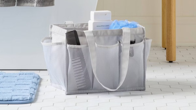A soft-sided shower caddy
