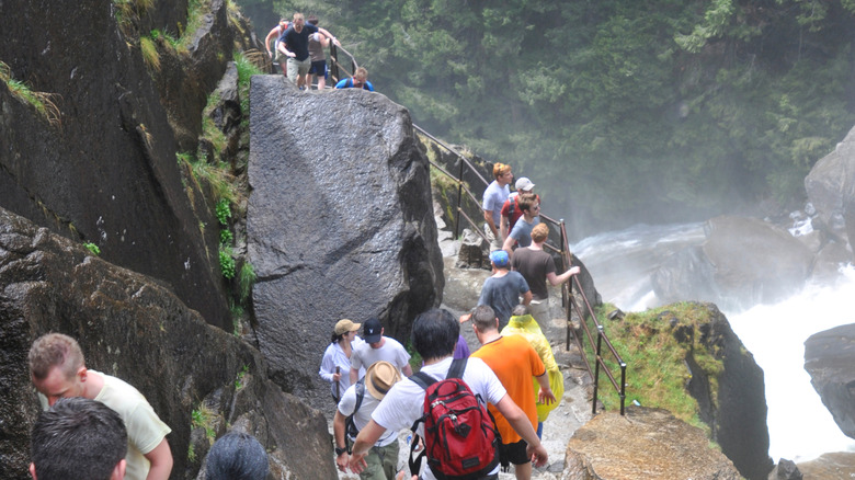 A crowded hiking trail at Yosemite National Park