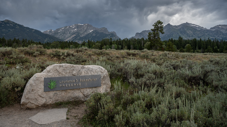 Laurence S Rockefeller Preserve Sign on Boulder in natural area in Grand Teton National Park