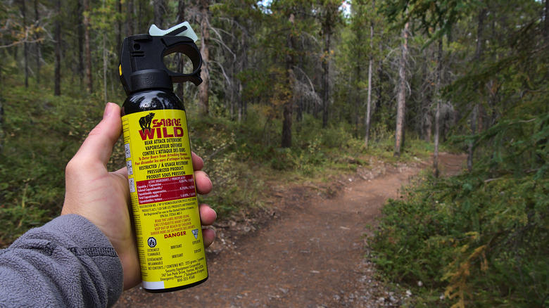 Sabre Wild brand of bear spray held by a hiker on a trail