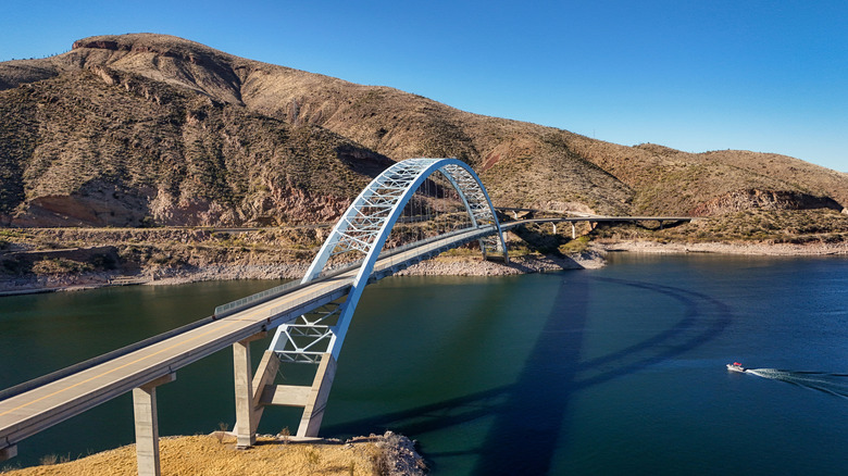 The Theodore Roosevelt Lake Bridge over Roosevelt Lake in Tonto National Forest near Phoenix, Arizona
