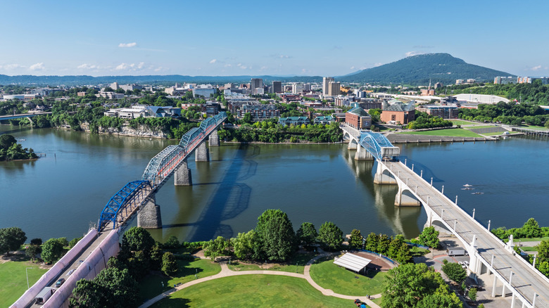 Aerial view of Chattanooga bridges, skyline, and mountain