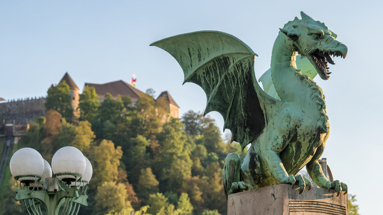 Dragon statue on a bridge in Ljubljana, Slovenia