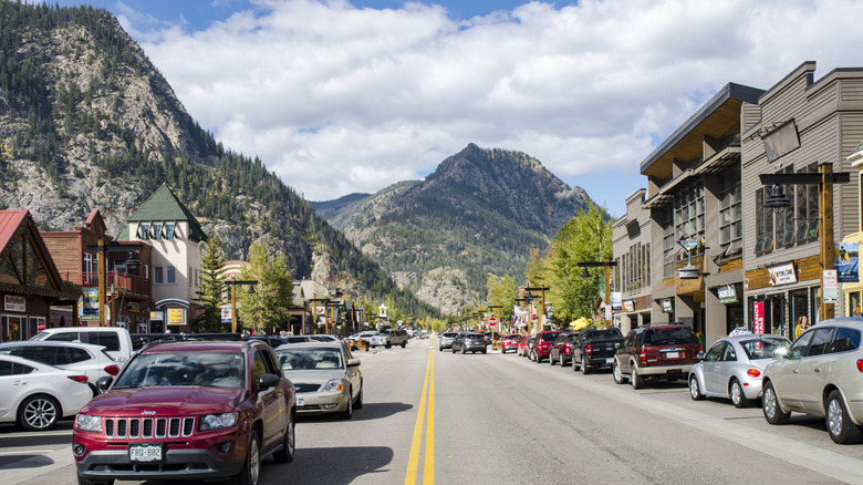 Frisco Colorado main street with mountains in background