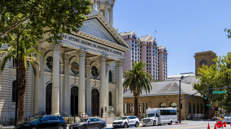 street view of white church with columns