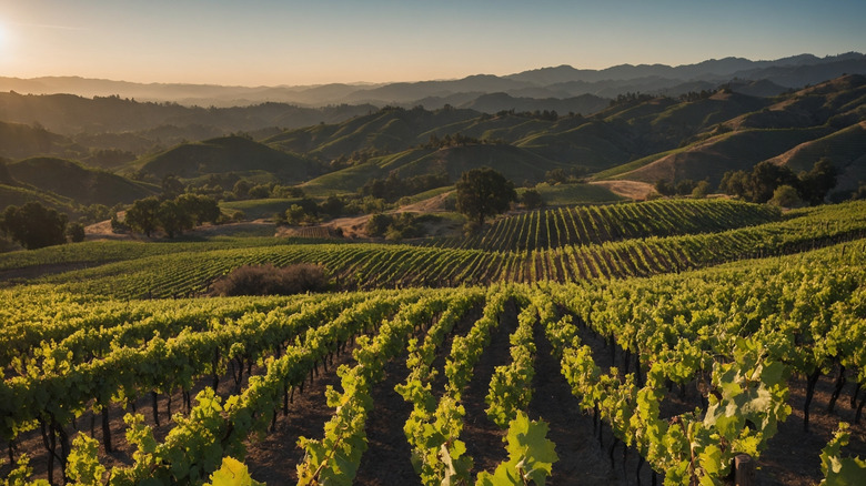 rows of grape vines at sunset in napa valley