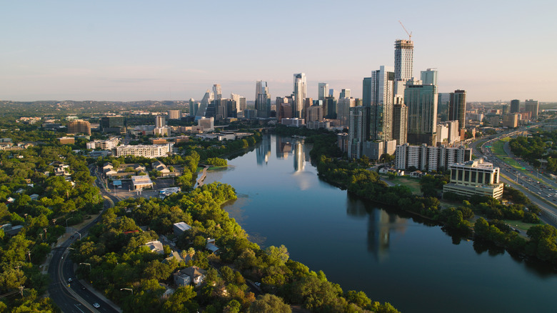 Aerial view of waterfront buildings in Austin