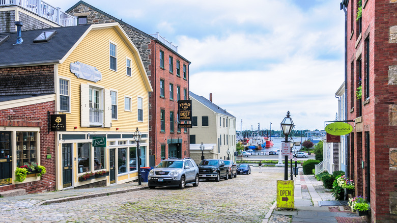 Cobblestone street and historic buildings in New Bedford
