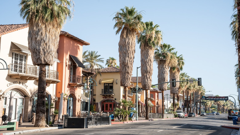 Shopping district with palm trees in downtown Palm Springs