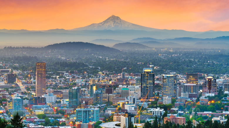 Portland skyline with mountain in background