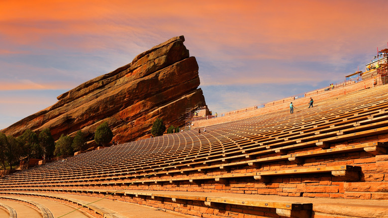 Side view of red rocks and steps of the amphitheater in Red Rocks Park, near Denver, Colorado
