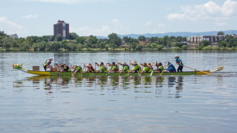 Colorado Dragon Boat during race and festival on Sloan's Lake in Denver