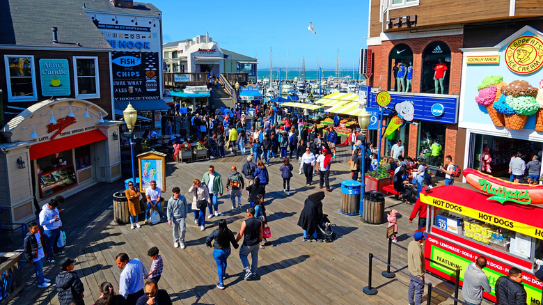 A crowd at Fisherman's Wharf in San Francisco, California
