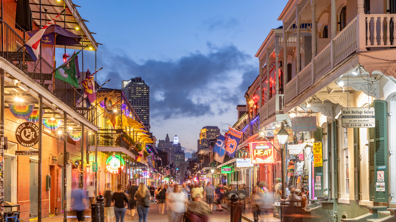 French Quarter lit up at night in New Orleans
