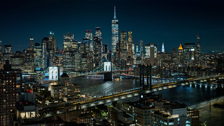 Manhattan Financial District aerial view at night