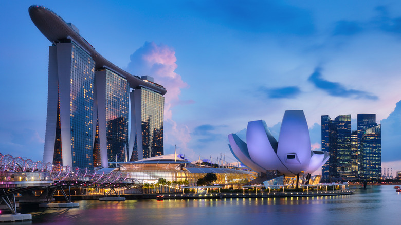Marina Bay and Singapore skyline at dusk
