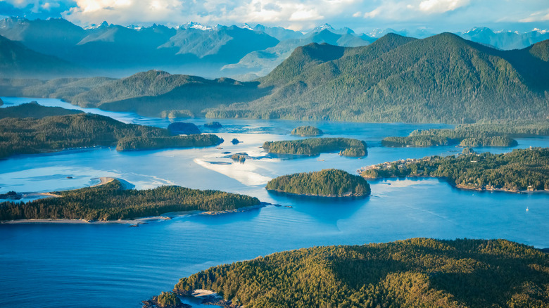 Tofino aerial shot with Clayoquot Sound, Vancouver Island, BC Canada