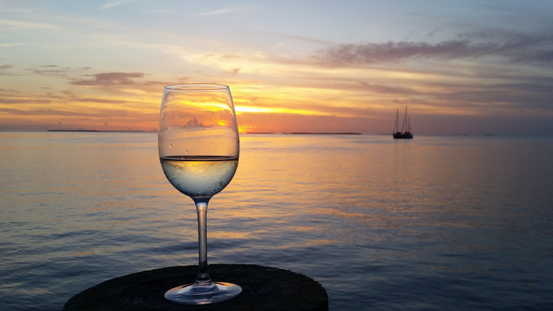 a glass of wine with the sunset and beach in the background