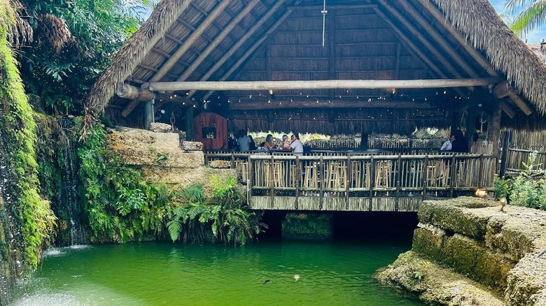large tiki hut next to emerald green pond